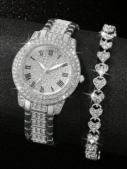 ساعة معصم كوارتز بحزام من الصلب موديل أنيق وبسيط بعقارب رومانية وزينة من الراين، وسوار مجوهر بالكامل على شكل قلب (طقم من قطعتين) هدية عيد للطلاب العائدين إلى المدرسة