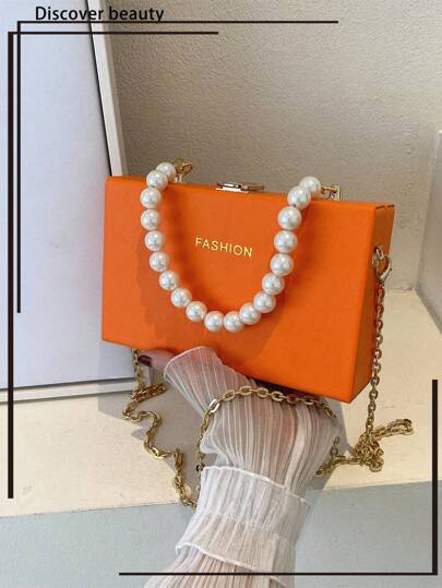 1pc Women's Fashionable Orange Faux Pearl Handle Small Square Bag With Chain Strap, Rose Red Pu Box Shaped Bag, Embossed Letter Design With Lock Closure, Suitable For Gift