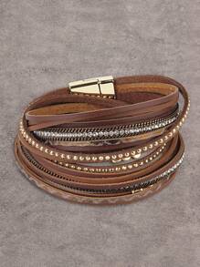 1pc Snake Pattern Leather Wrap Bracelet With Crystal Studs, Bohemian Style Wristband For Men, Gift For Women/Wife/Mother