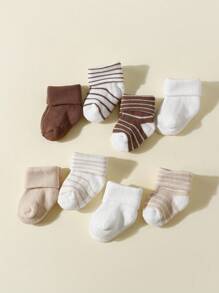 8pairs Solid & Striped Crew Socks For Infant, Daily Wear