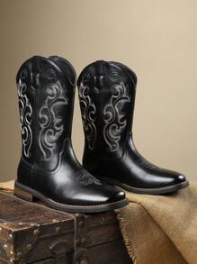 Men's Embroidered Tall Pull-On Side Zipper High-Top Riding Boots, Vintage Pointed Toe Soft Bottom  Boots, Autumn Winter New - Black - View 3