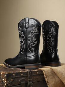 Men's Embroidered Tall Pull-On Side Zipper High-Top Riding Boots, Vintage Pointed Toe Soft Bottom  Boots, Autumn Winter New - Black - View 4