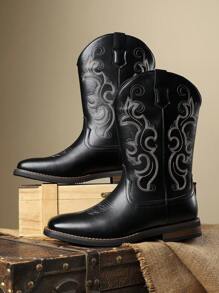 Men's Embroidered Tall Pull-On Side Zipper High-Top Riding Boots, Vintage Pointed Toe Soft Bottom  Boots, Autumn Winter New - Black - View 6