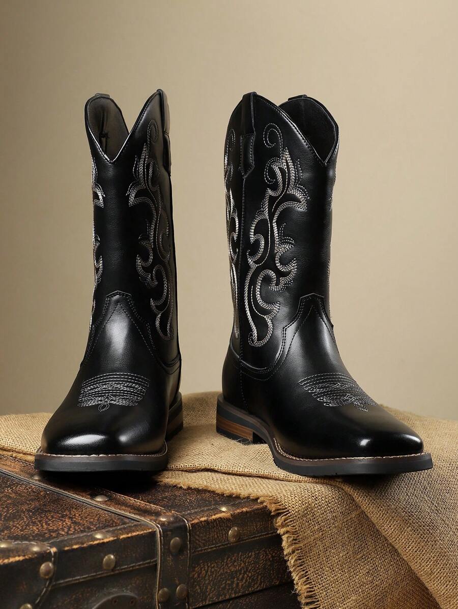 Men's Embroidered Tall Pull-On Side Zipper High-Top Riding Boots, Vintage Pointed Toe Soft Bottom  Boots, Autumn Winter New