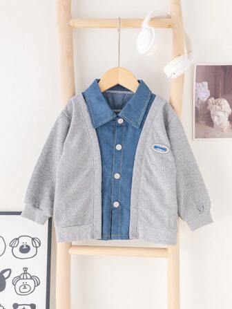 Young Boy Patchwork Denim Sweatshirt: Sweatshirt & Shirt Combo, Autumn