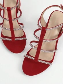 Qin TiNian 手工女款紅色高跟涼鞋，露趾細帶水鑽裝飾優雅細高跟鞋，適合春夏婚禮派對，粗跟款 - 紅色 - 查看 6