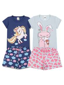 Kit Sortido 2 Pijamas Infantis para Meninas Confortáveis e Cheios de Estilo - 2 Camisetas + 2 Shorts - Multicolorido - Visão 7