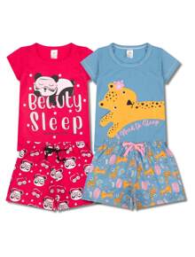 Kit Sortido 2 Pijamas Infantis para Meninas Confortáveis e Cheios de Estilo - 2 Camisetas + 2 Shorts - Multicolorido - Visão 10