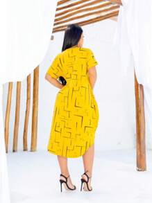 Plus Size Women's Mullet Dress Short Sleeve With Pocket Summer Fashion Saruel Fits 38 To 48 Max Women's Fashion - 幾何黃 - 查看 2