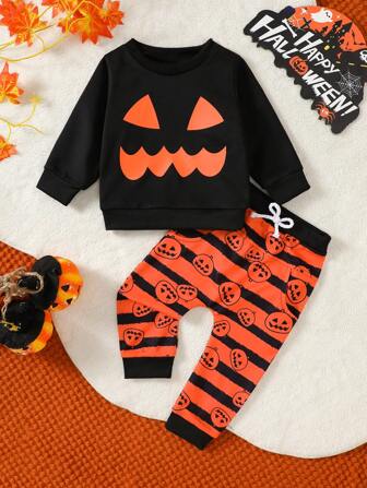 万圣节男孩幽灵印花长袖套头衫套装