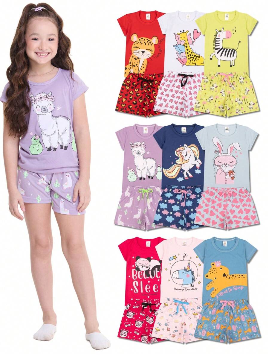 Kit Sortido 2 Pijamas Infantis para Meninas Confortáveis e Cheios de Estilo - 2 Camisetas + 2 Shorts