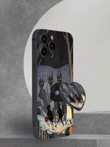 1pc Halloween Black TPU Pumpkin Lantern & Black Cat Pattern Shockproof Phone Case + 1pc 360° Rotating Foldable Heart Phone Holder, Compatible With Iphone/Samsung///OPPO/Galaxy A52/A52s 5G/A14/S23 Ultra/IPhone 14 Pro Max/OPPO A54/A54/Redmi 10/Note 8/12C/11A/A13 4G/A23 5G