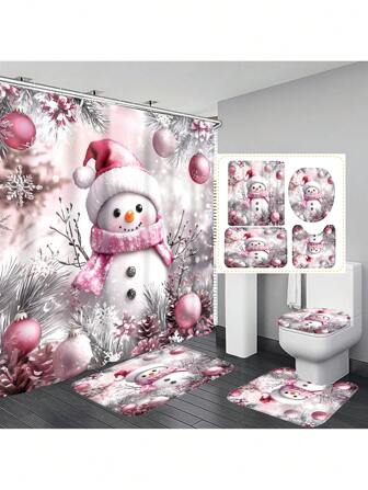 1pc/4pcs Christmas Snowman Bathroom Decor Set - Waterproof Shower Curtain With 12 Hooks, Anti-Slip Bath Mat, U-Shaped Toilet Mat, Round Toilet Seat Cover - For Bathroom Decoration Fall Decor Bathroom Accessories Back To School