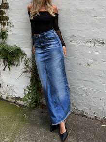 Split Casual Denim Long Skirt, Non Elastic Slanted Pocket Washed Denim Half Skirt, Women's Denim Clothing - Rửa tối - Xem 4