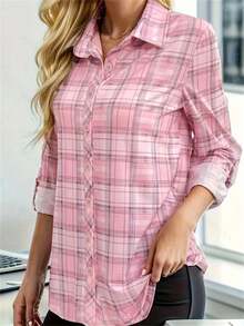 Women's Checkered Ruched Cuff Single-Breasted Casual Commuter Blouse, Autumn - Pink - View 4