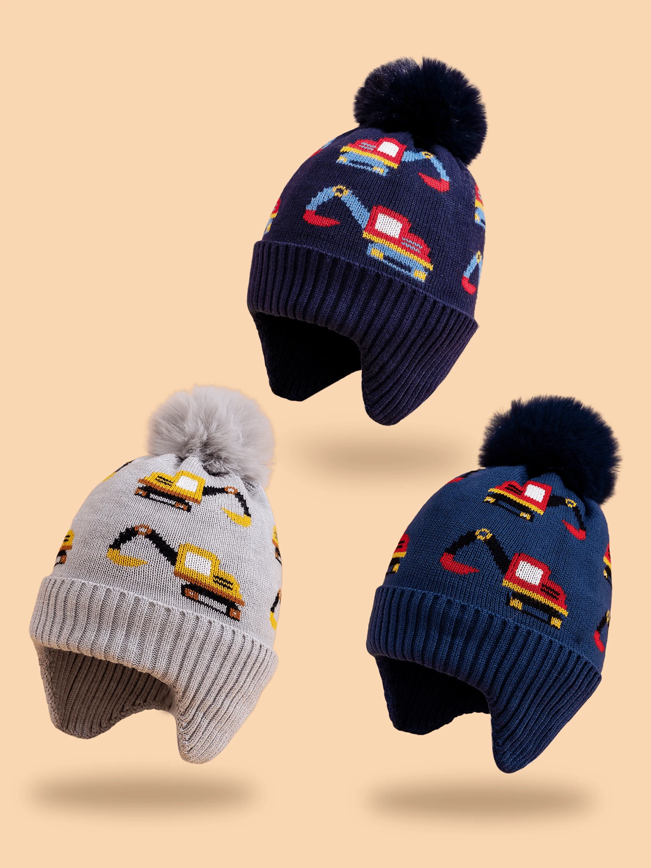 1 件儿童挖掘机图案蓬松绒球衬里柔软针织无檐小便帽，适合男孩，温暖时尚，适合秋冬休闲装 - 彩色 - 查看 1