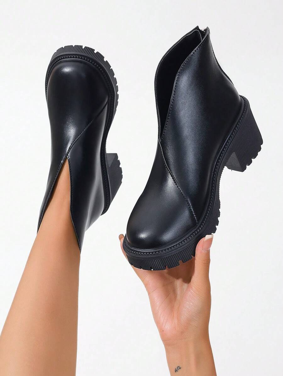 秋冬新款女纯色踝靴，简约时尚坡跟厚底复古机车靴，圆头高跟黑色机车靴 - 黑色 - 查看 1