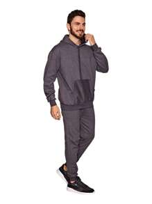 Unisex Flannel Hooded Kangaroo Sweatshirt Set - 深灰色 - 查看 1