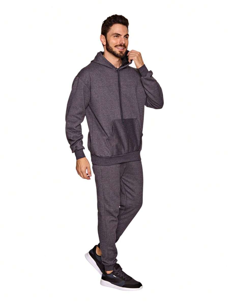 Unisex Flannel Hooded Kangaroo Sweatshirt Set - 深灰色 - 查看 1