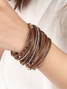 1pc Snake Pattern Leather Wrap Bracelet With Crystal Studs, Bohemian Style Wristband For Men, Gift For Women/Wife/Mother