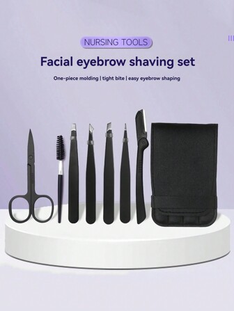 1 flerfärgat ögonbrynsklämma i rostfritt stål, 7-delat set, ögonbrynsklämma, ögonbrynsrakverktyg, skönhetsmakeup, ögonbrynsrakkniv, skönhetssax och trimmingsset, hopfällbar ögonbrynsrakkniv, ögonbrynsklämma