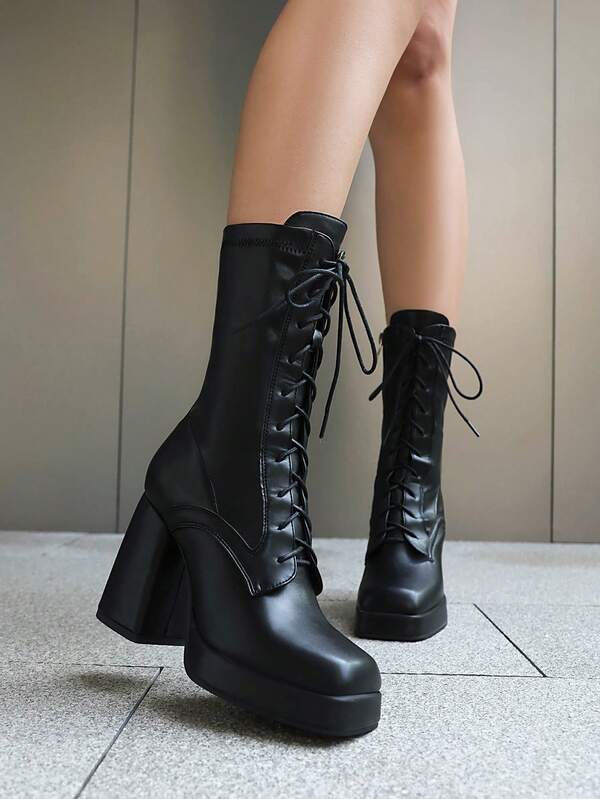 Damen Plateau-Schnürstiefel mit Chunky-Absatz, Schnürung und quadratischer Zehenpartie, Plateau-Ankle-Boots mit Blockabsatz, hoher Absatz, Seitenzipp, kurze Stiefeletten