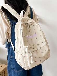 刺绣定制女大学生背包大容量旅行笔记本电脑背包，可调节肩带，花朵书包背包，女生包包，清新简约文艺百搭休闲花童学生背包