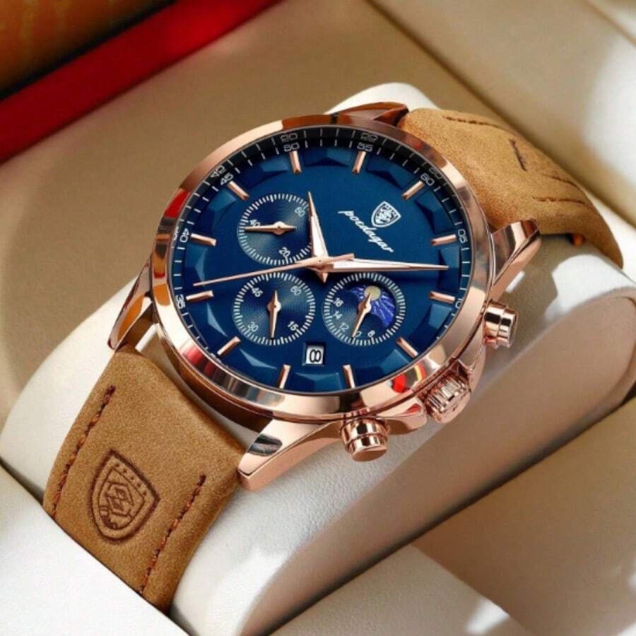 POEDAGAR 男士石英表奢华运动防水计时码表夜光日期男士腕表商务皮革男士手表钟表