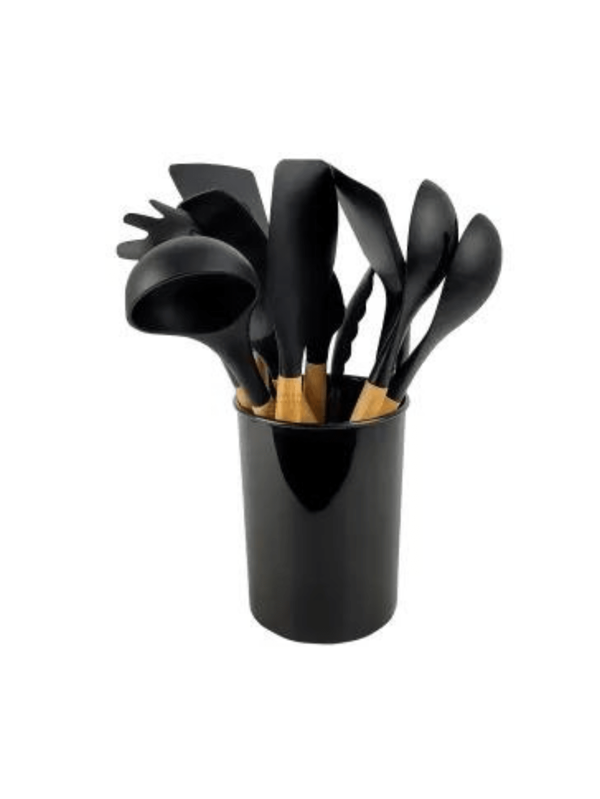 Jogo de Cozinha Kit Com 12 Peças de Silicone, Utensílios e Copo Suporte para Cozinha Cabo de Madeira
