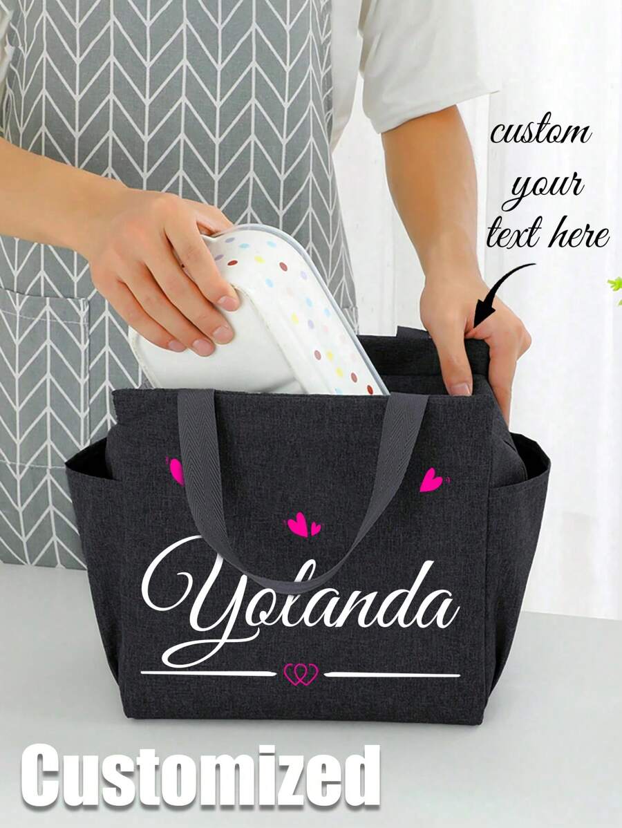 1pc Customized Lunch Bag, Stylish Insulated Canvas Lunch Bag, Large Capacity Camping Picnic Insulated Food Thermal Bag, Lightweight, Waterproof, Business,  Suitable For Students, Beginners And White Collars. Applicable To Office, College, Work, Business, Commute, Outdoor, Travel, And Outing. Back To School Graduation Gift For Teacher Women Lunch Box Bag ,School Organizer Bags Teacher Storage Bags Classroom Bags ,Classroom Organizer Bags - Black - View 1