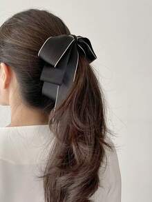 1pc Women's Black & White Color Block Acrylic Multi-Layer Bow Satin Fabric Vertical Ponytail Banana Clip, Elegant Hair Clip For Daily Wear, Dating, Outings, Gatherings - Black - View 2