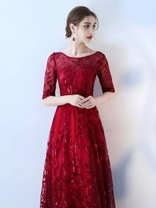 Boat Neck Embroidered Formal Dress Evening Gown With Sleeve, Sequin Decor Backzip Tie Ballgown - Burgundy - View 3