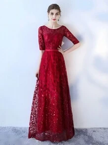 Boat Neck Embroidered Formal Dress Evening Gown With Sleeve, Sequin Decor Backzip Tie Ballgown - Burgundy - View 1