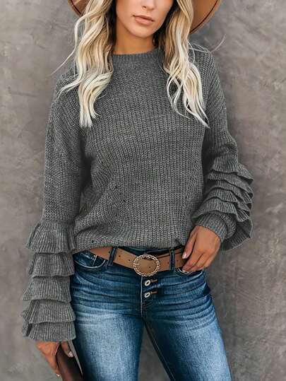 CMC Minimalist Casual Versatile Solid Color Round Neck Ruffle Sleeve Design Long Sleeve Women Sweater, Suitable For Spring, Autumn, Winter, Women Top