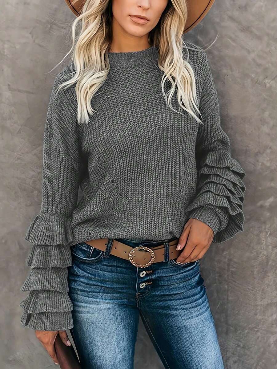 Simple, Casual, Versatile, Solid-Color, Round-Neck, Ruffle Sleeve Design Long Sleeve Women Sweater, Spring Autumn Winter Tops For Ladies