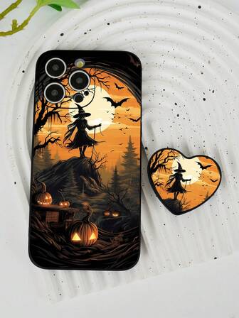 Iphone 16 Halloween 1pc Black TPU Pumpkin, Bat & Scarecrow Pattern Shockproof Phone Case + 1pc 360° Rotating Foldable Heart-Shaped Phone Holder Stand, Compatible With IPhone/Samsung/OPPO/Galaxy A52/A52s 5G/A14/S23 Ultra/IPhone 14 Pro Max/A54/A54/Redmi 10/Note 8/12C/11A/A13 4G/A23 5G