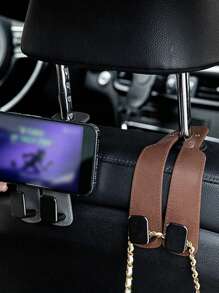 1pc Car Seat Back Double Hook With Hidden Phone Holder And Storage Compartment, Multi-Functional Split Car Hook - Multicolor - View 3