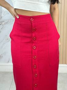 Women's Long Skirt Linen Lined Tailored Elegant Pockets Buttons Casual Casual - Đỏ - Xem 2