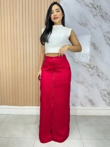 Women's Long Skirt Linen Lined Tailored Elegant Pockets Buttons Casual Casual - Đỏ - Xem 1