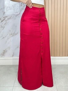 Women's Long Skirt Linen Lined Tailored Elegant Pockets Buttons Casual Casual - Đỏ - Xem 6
