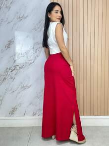 Women's Long Skirt Linen Lined Tailored Elegant Pockets Buttons Casual Casual - Đỏ - Xem 3