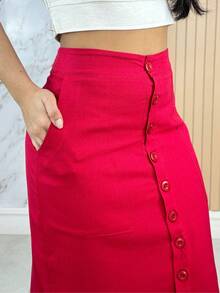 Women's Long Skirt Linen Lined Tailored Elegant Pockets Buttons Casual Casual - Đỏ - Xem 4