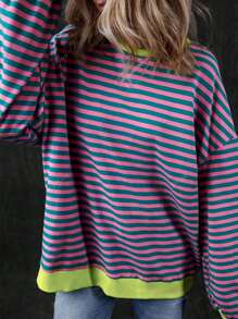 Sudadera holgada de manga larga con cuello redondo, bloques de color y diseño rayado, para mujer, apta para primavera/verano