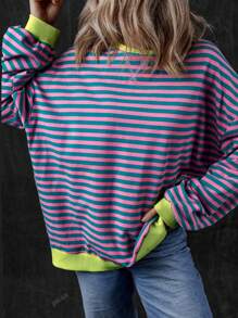 Sudadera holgada de manga larga con cuello redondo, bloques de color y diseño rayado, para mujer, apta para primavera/verano