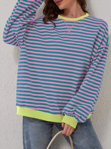 Sudadera holgada de manga larga con cuello redondo, bloques de color y diseño rayado, para mujer, apta para primavera/verano