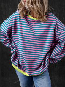 Sudadera holgada de manga larga con cuello redondo, bloques de color y diseño rayado, para mujer, apta para primavera/verano