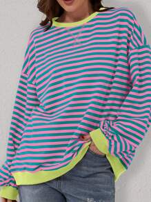 Sudadera holgada de manga larga con cuello redondo, bloques de color y diseño rayado, para mujer, apta para primavera/verano