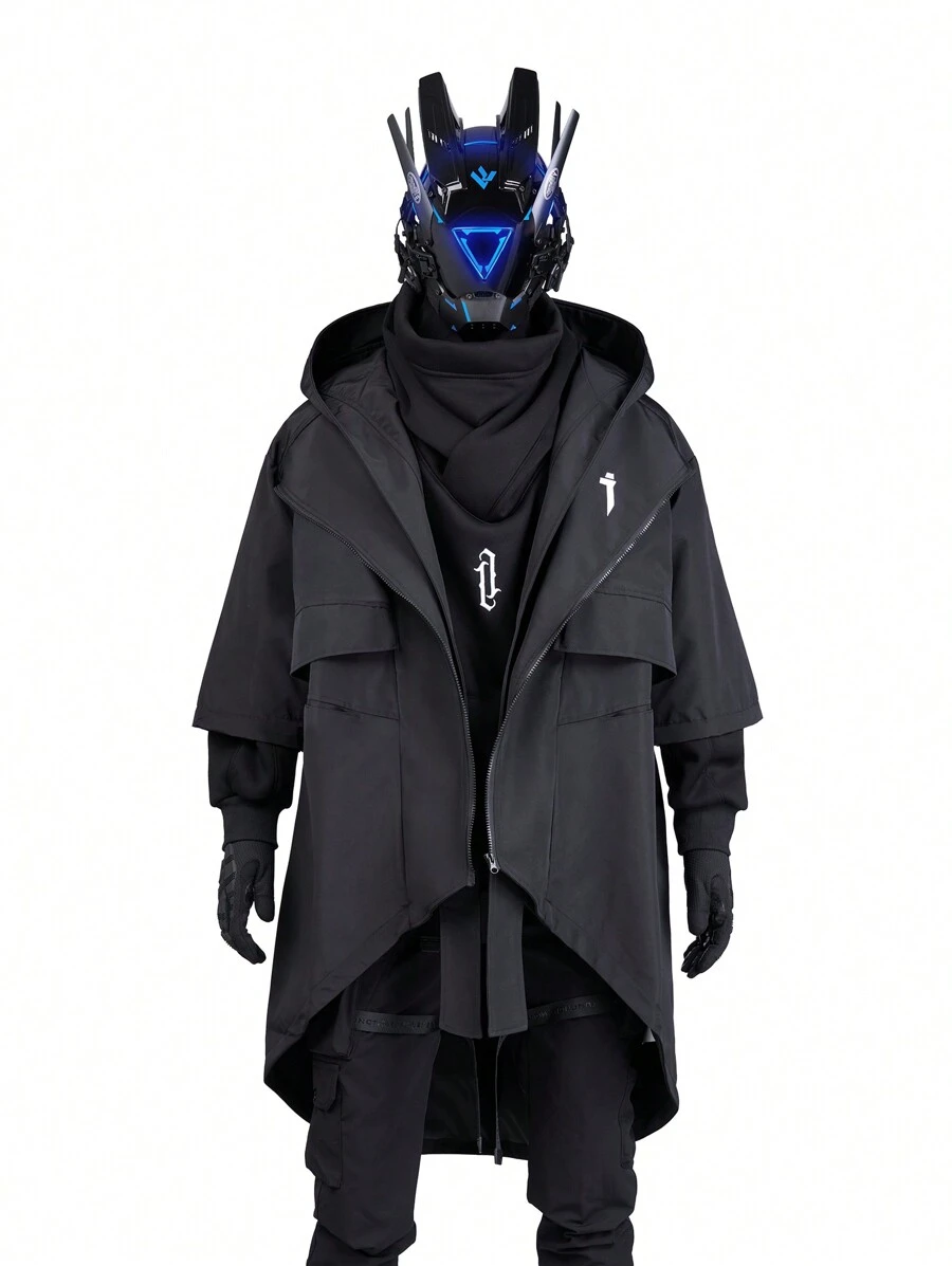 Men's Layered Design Jacket Techwear Streetwear Zip Up Windbreaker - Black - View 1