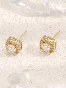 方晶鋯石裝飾耳釘 - 銀色 - 查看 4