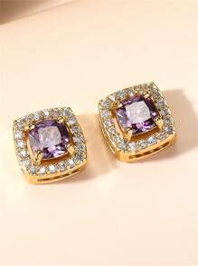 方晶鋯石裝飾耳釘 - 銀色 - 查看 9